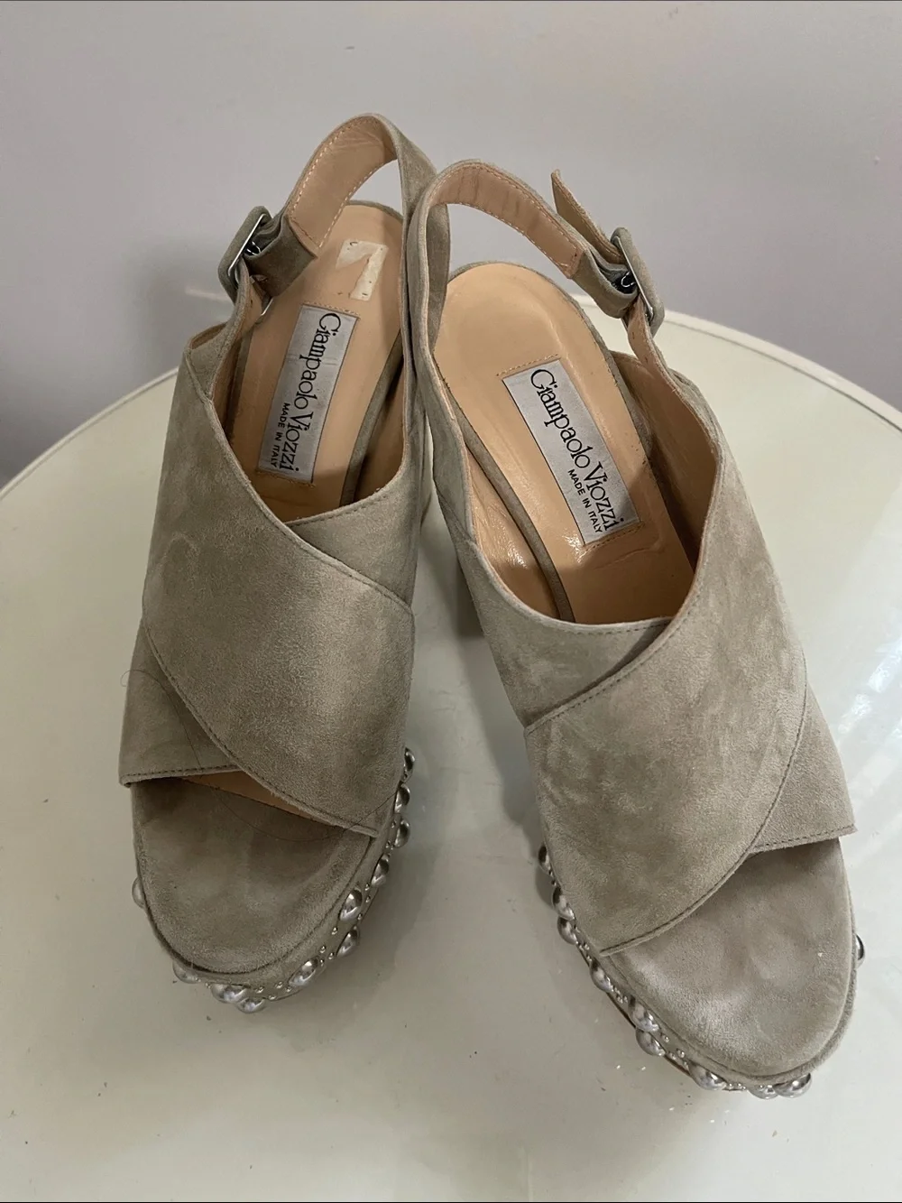 Platform Suede Slingback Sandals with Gem Embellishments - Beige